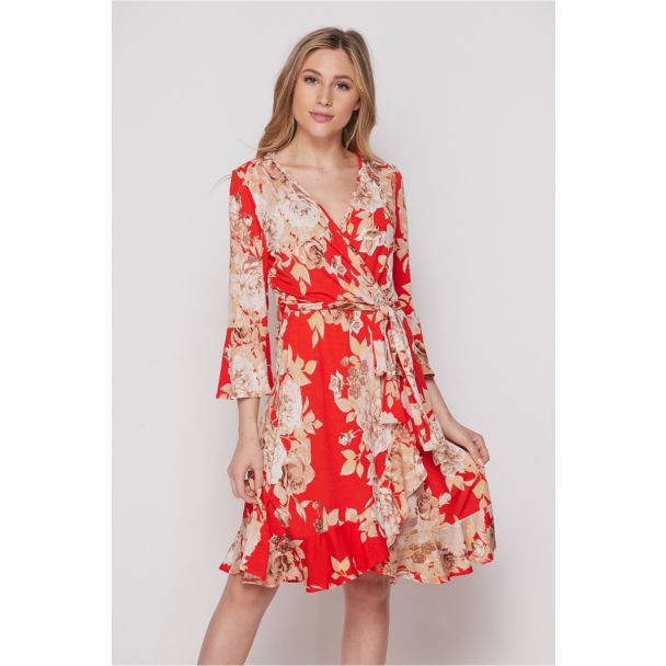 Honeyme USA Faux Wrap Dress with Tie & Ruffles - Red Rose Print