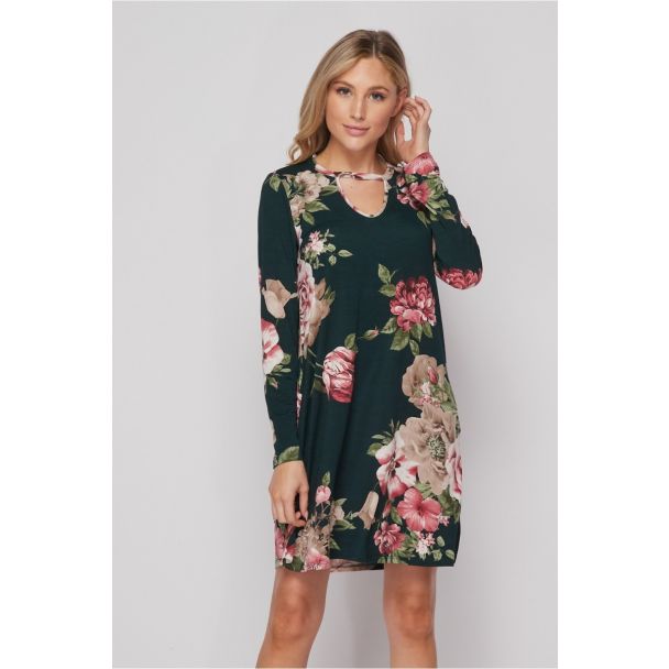 Honeyme USA Pink Roses Print Dress with Long Sleeves & Pockets