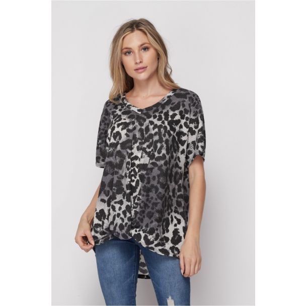 Honeyme USA Short Sleeve Top with Twist Hem - Leopard/Cheetah Print
