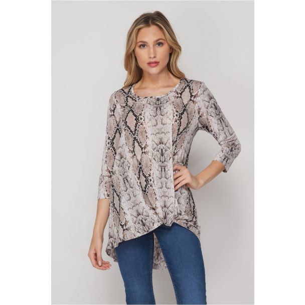 Honeyme 3/4 Sleeve Top with Twist Hem - Snake Skin Print