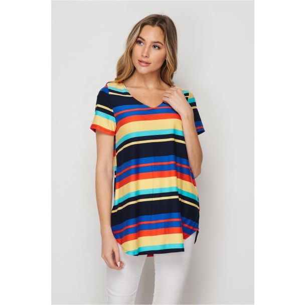 Honeyme USA Clothing V-Neck Short Sleeve Top - Multicolor Stripes