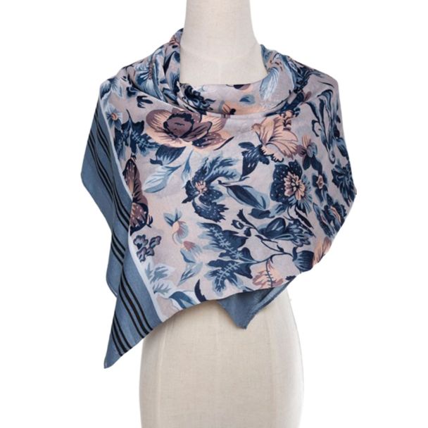 Large JC Sunny Cashmere Blend Scarf/Wrap - Floral Blue Striped Border