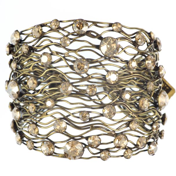 Konplott Cages Golden Shadow Crystal Antique Brass Wide Cuff Bangle Bracelet