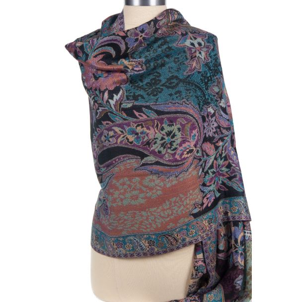 Cashmere Silk Blend Antique Design Shawl Wrap by Rapti - Black Floral