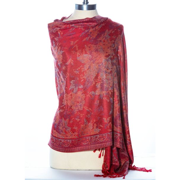 Gorgeous! Silk & Pashmina Floral Shawl Wrap by Rapti Fashion - Red
