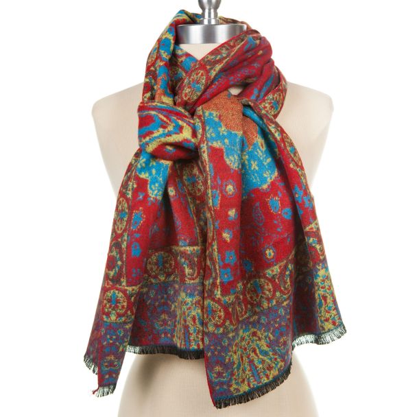 100% Cashmere Scarf by Rapti - Red, Blue, Purple Floral Paisley